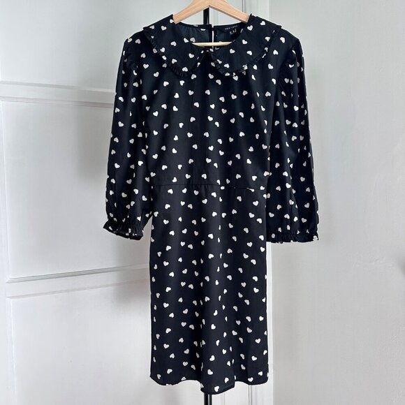 New Look Black Heart Frill Collar Mini Dress Tie Waist Valentine Size 14 - Picture 3 of 11